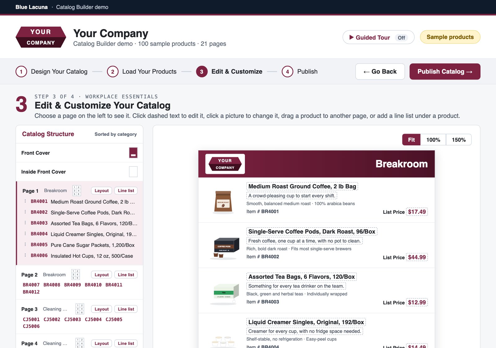 Catalog Builder, Step 3: editing a catalog of sample products
