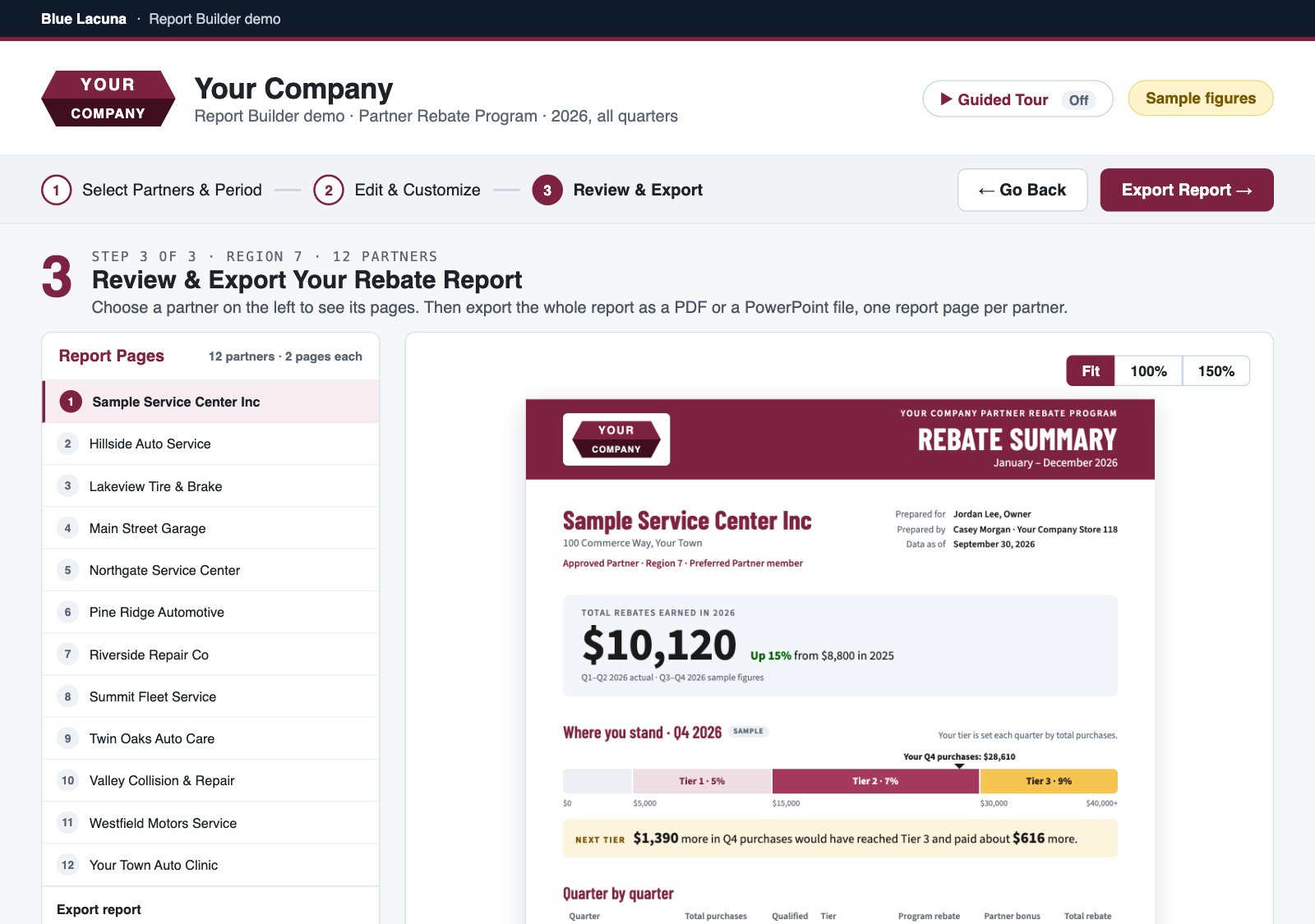 Report Builder, Step 3: reviewing a sample rebate report