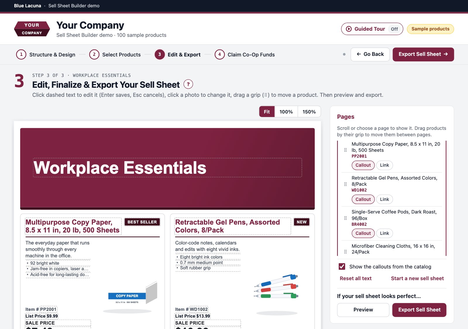 Sell Sheet Builder, Step 3: editing a sell sheet of sample products